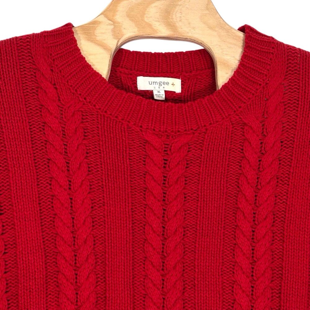 Umgee Cable Knit Sweater XL Red Dropped Shoulders Frayed Tassel Hem Fisherman - Picture 3 of 11